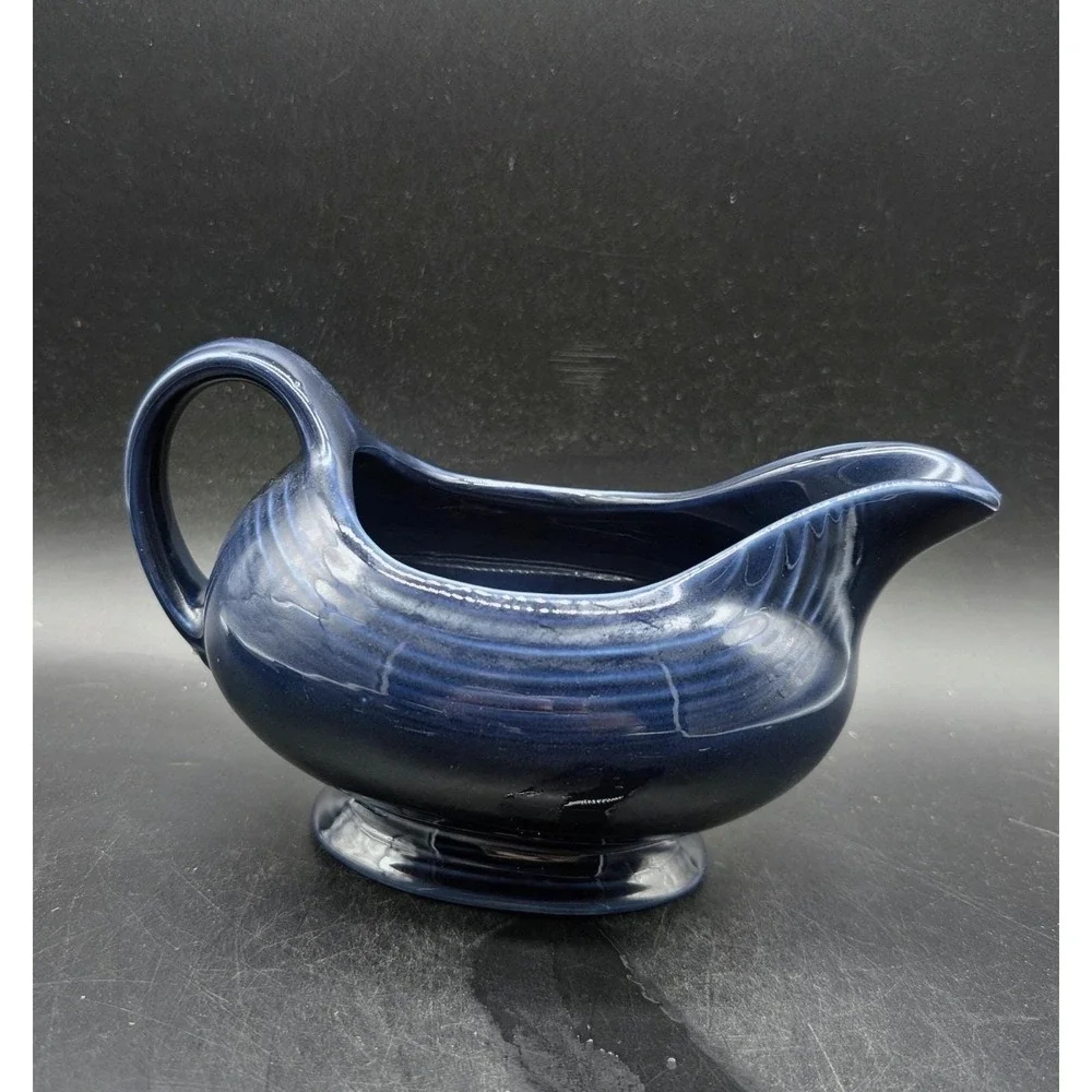 Fiesta Cobalt Blue Gravy Boat Concentric Rings Ceramic Serving Pitcher USA